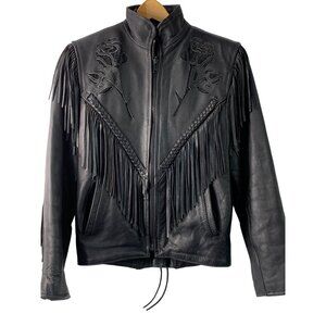 Shaf VTG 90s Moto Western Boho Corset Sz S Fringe Zip Away Lining Leather Jacket